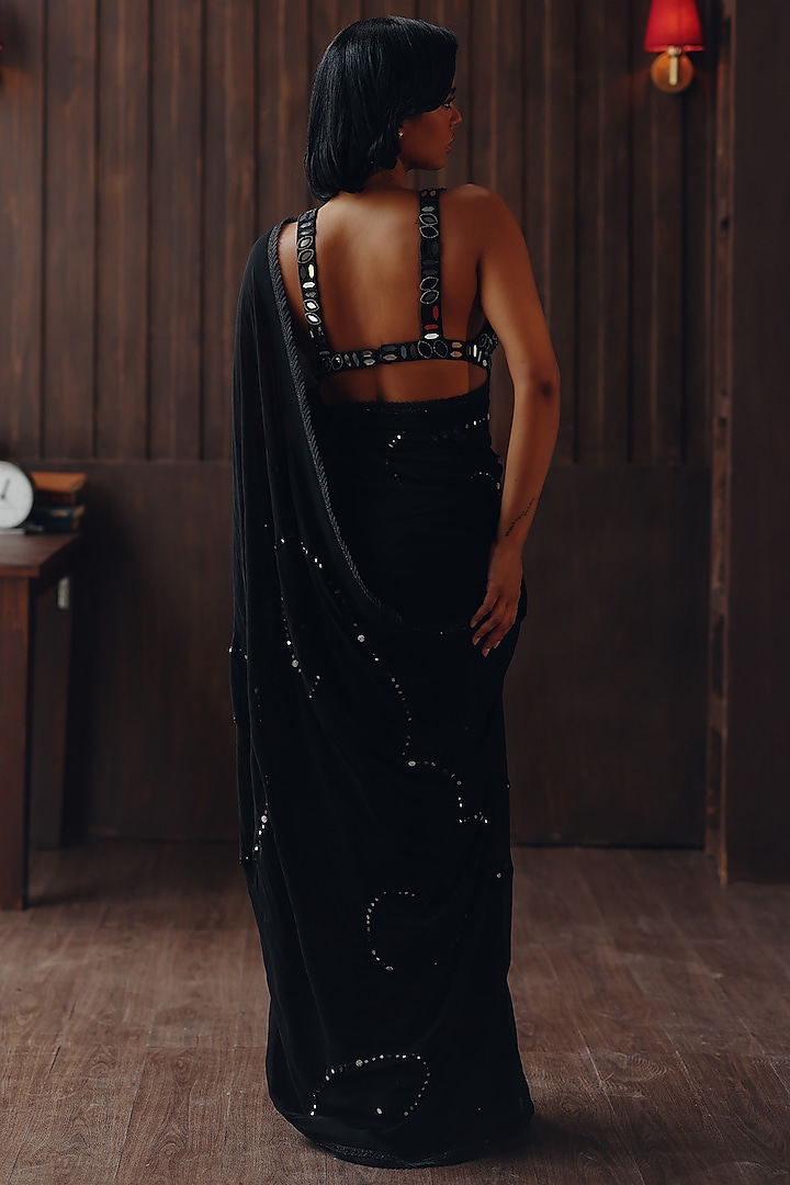 Midnight Black Georgette Mirror Work Wedding Saree Set by Twenty Nine at Pernia's Pop Up Shop