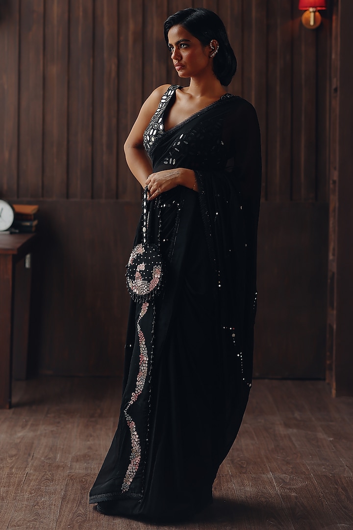 Midnight Black Georgette Mirror Work Wedding Saree Set by Twenty Nine at Pernia's Pop Up Shop