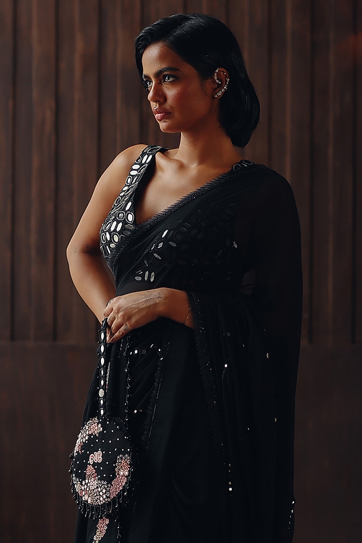 Midnight Black Georgette Mirror Work Wedding Saree Set by Twenty Nine at Pernia's Pop Up Shop