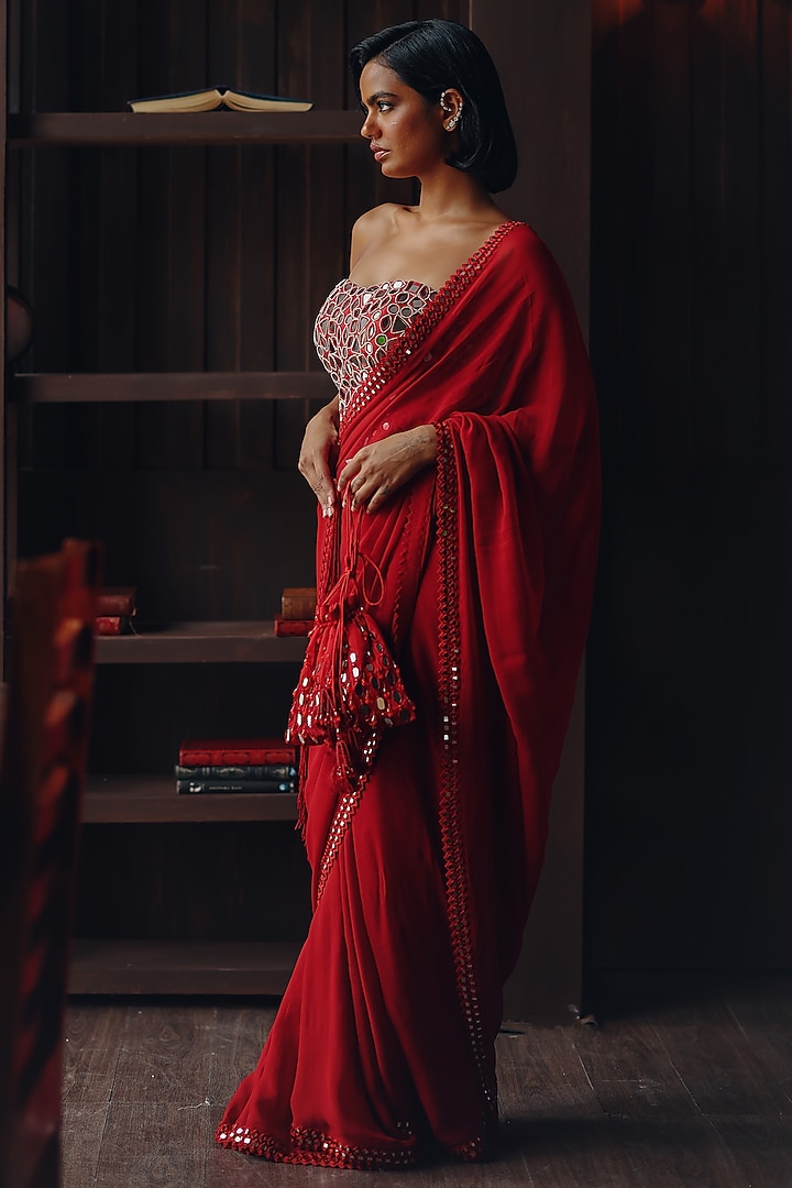 Scarlet Red Georgette Mirror Work Wedding Saree Set by Twenty Nine at Pernia's Pop Up Shop