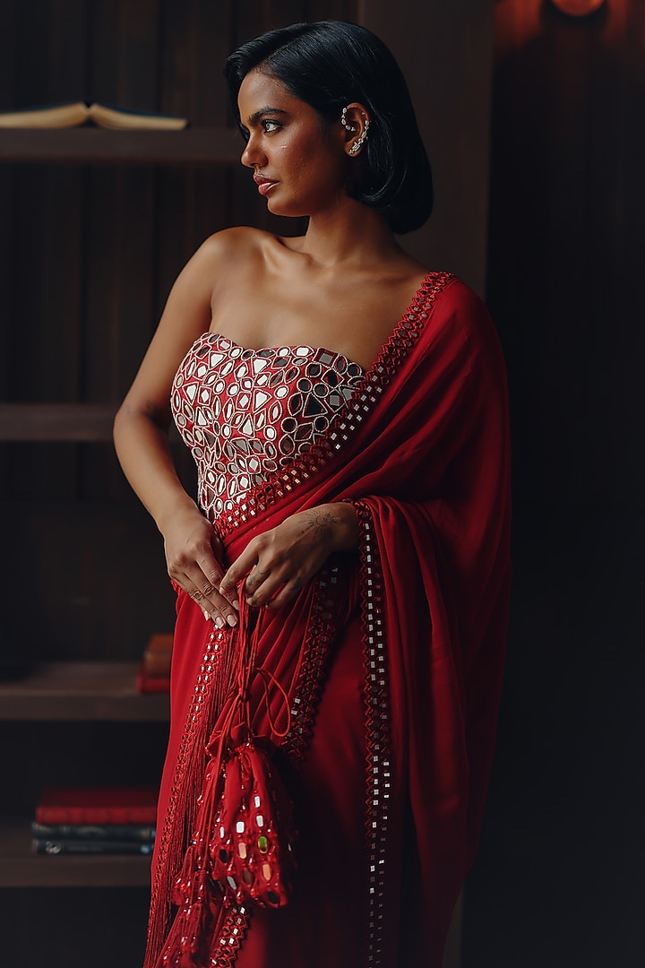 Scarlet Red Georgette Mirror Work Wedding Saree Set by Twenty Nine at Pernia's Pop Up Shop