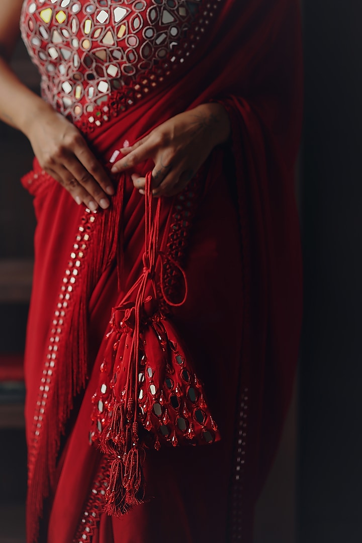 Scarlet Red Georgette Mirror Work Wedding Saree Set by Twenty Nine at Pernia's Pop Up Shop