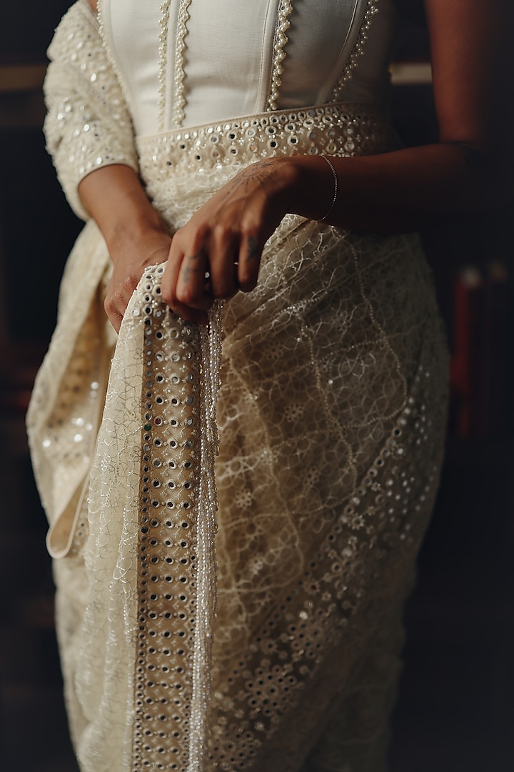 Dewdrop Ivory Jaal Net Mirror Embellished Wedding Saree Set by Twenty Nine at Pernia's Pop Up Shop