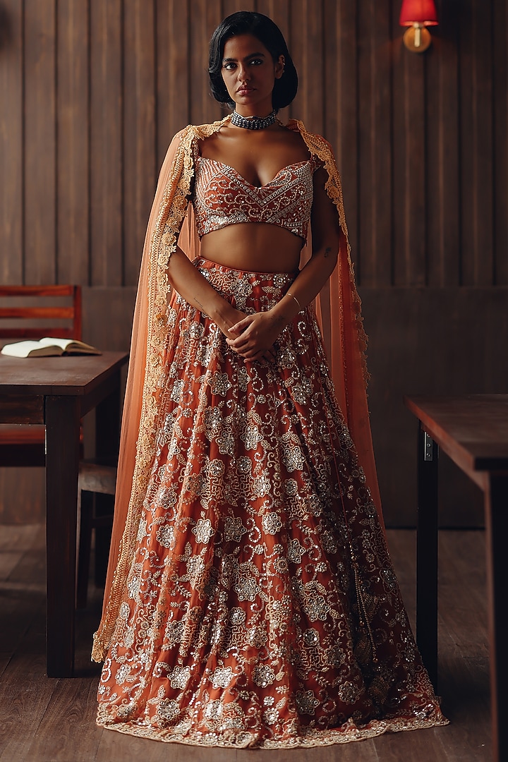 Rust Net Floral Mirror & Bead Embellished Wedding Lehenga Set by Twenty Nine at Pernia's Pop Up Shop