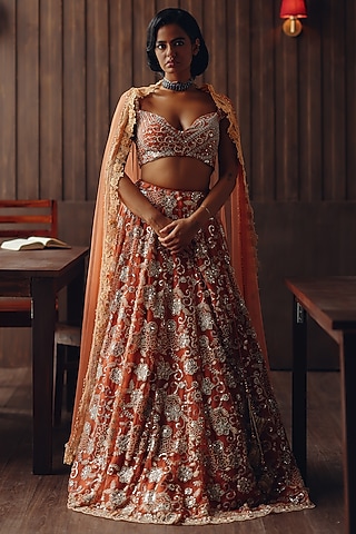 Rust Net Floral Mirror & Bead Embellished Lehenga Set by Twenty Nine