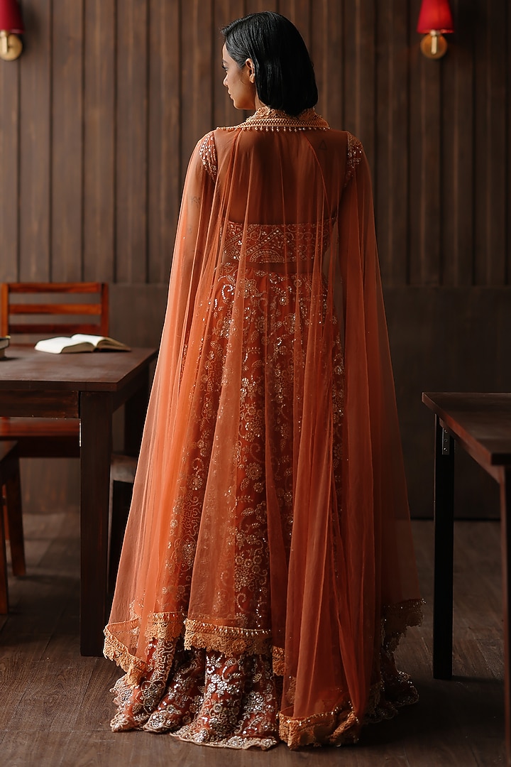 Rust Net Floral Mirror & Bead Embellished Wedding Lehenga Set by Twenty Nine at Pernia's Pop Up Shop