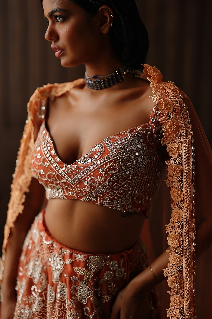 Rust Net Floral Mirror & Bead Embellished Wedding Lehenga Set by Twenty Nine at Pernia's Pop Up Shop