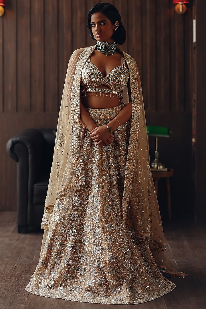 Golden Haze Net Mirror Embellished Wedding Lehenga Set by Twenty Nine at Pernia's Pop Up Shop