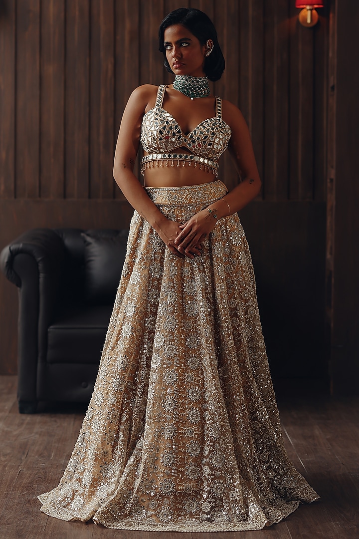 Golden Haze Net Mirror Embellished Wedding Lehenga Set by Twenty Nine at Pernia's Pop Up Shop