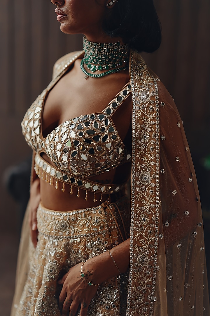 Golden Haze Net Mirror Embellished Wedding Lehenga Set by Twenty Nine at Pernia's Pop Up Shop