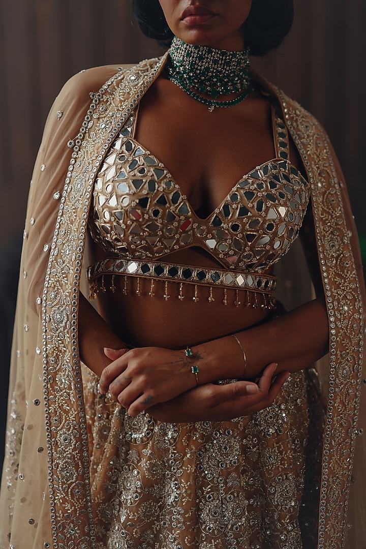 Golden Haze Net Mirror Embellished Wedding Lehenga Set by Twenty Nine at Pernia's Pop Up Shop