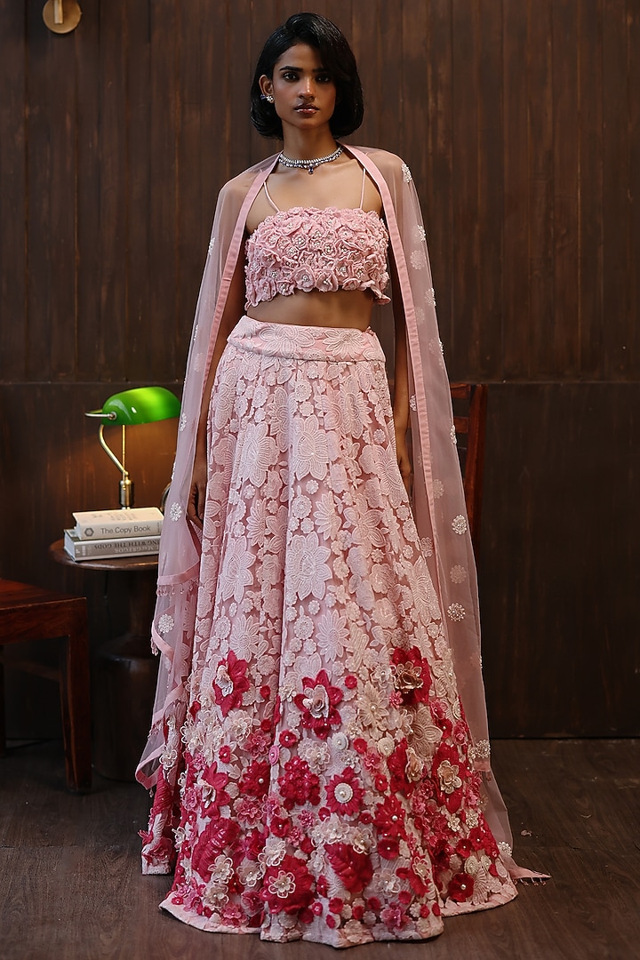 Pastel Pink Net 3D Floral Embellished Wedding Lehenga Set by Twenty Nine at Pernia's Pop Up Shop