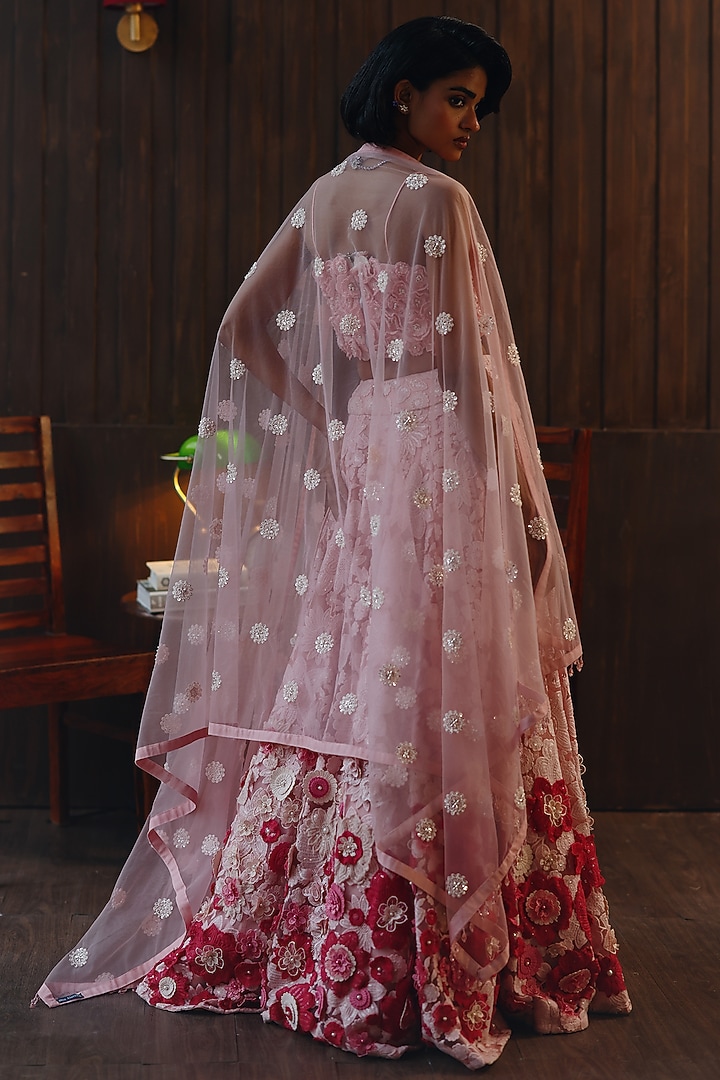 Pastel Pink Net 3D Floral Embellished Wedding Lehenga Set by Twenty Nine at Pernia's Pop Up Shop