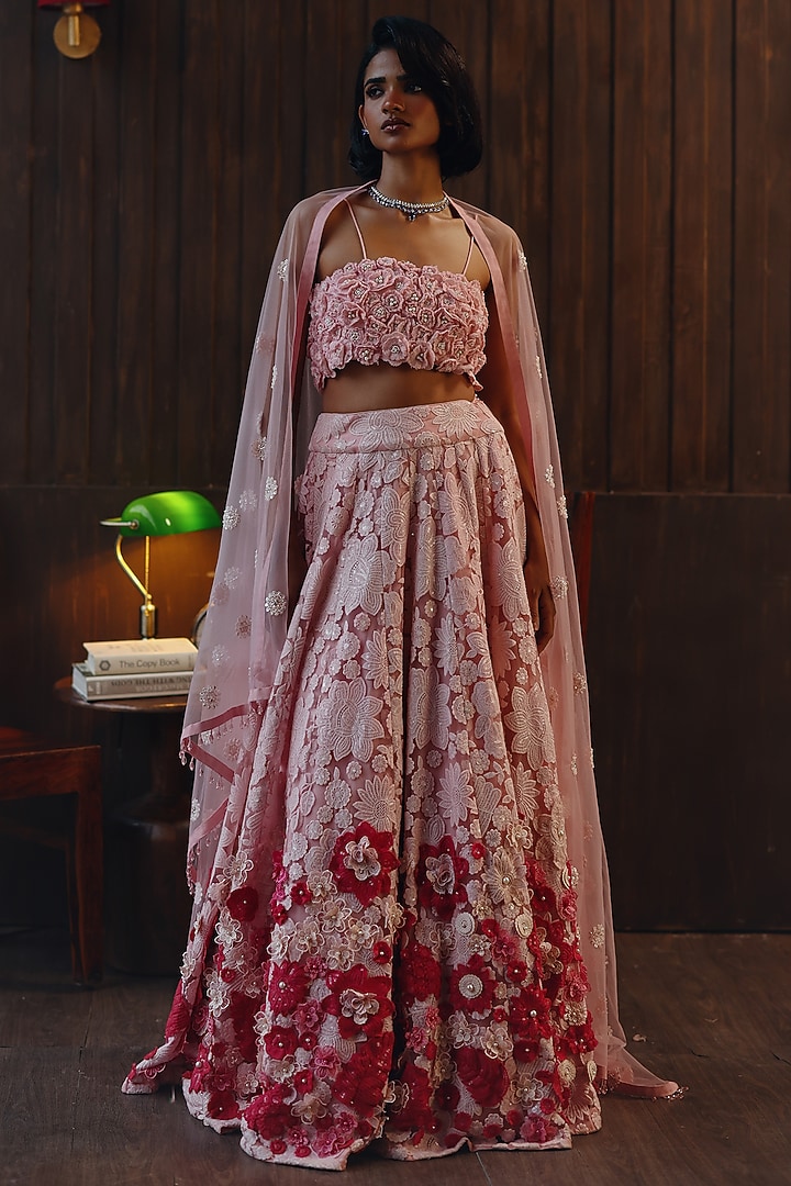Pastel Pink Net 3D Floral Embellished Wedding Lehenga Set by Twenty Nine at Pernia's Pop Up Shop
