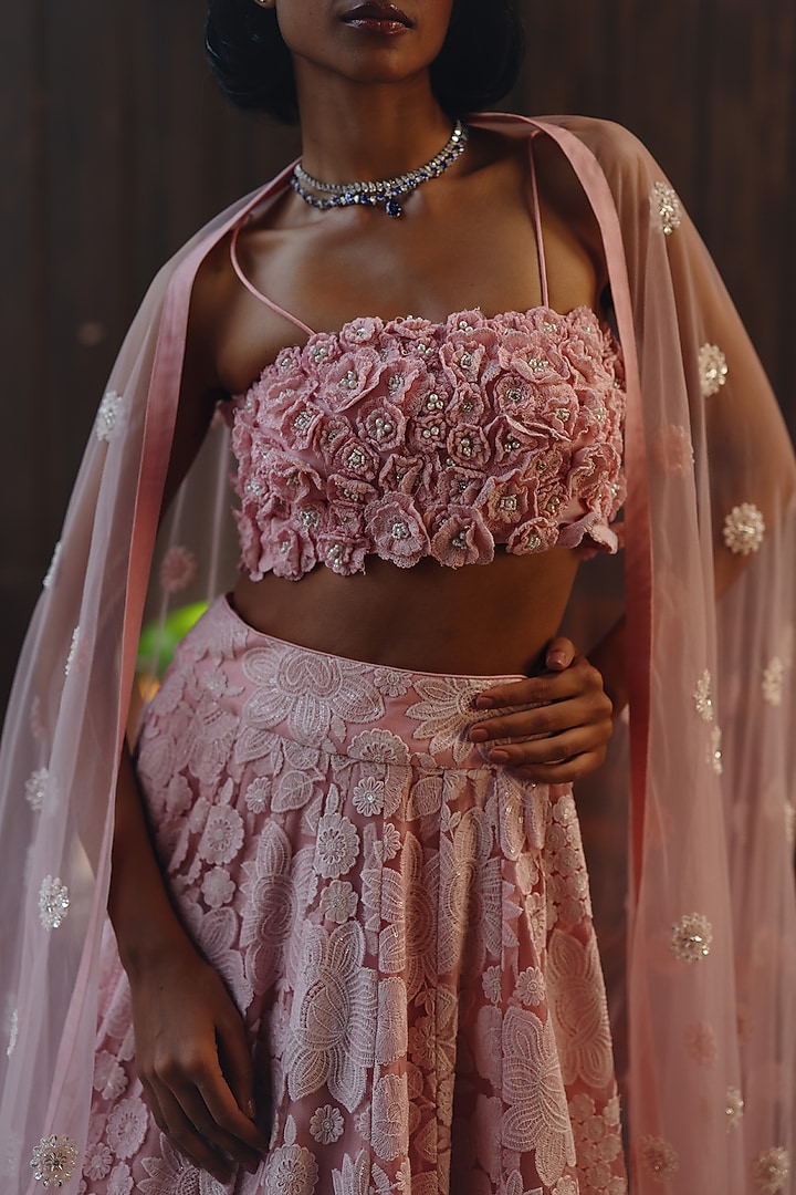 Pastel Pink Net 3D Floral Embellished Wedding Lehenga Set by Twenty Nine at Pernia's Pop Up Shop