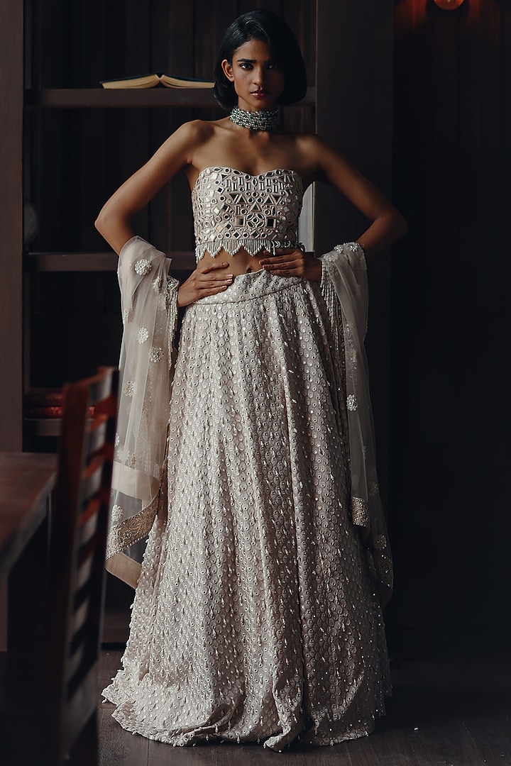 Moon Blush Cotton Dupion Pearl Embroidered Wedding Lehenga Set by Twenty Nine at Pernia's Pop Up Shop