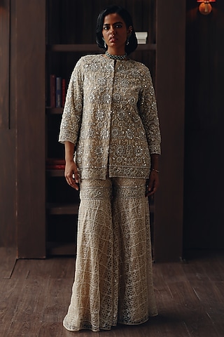 Beige Tulle Mirror Work Jacket by Twenty Nine