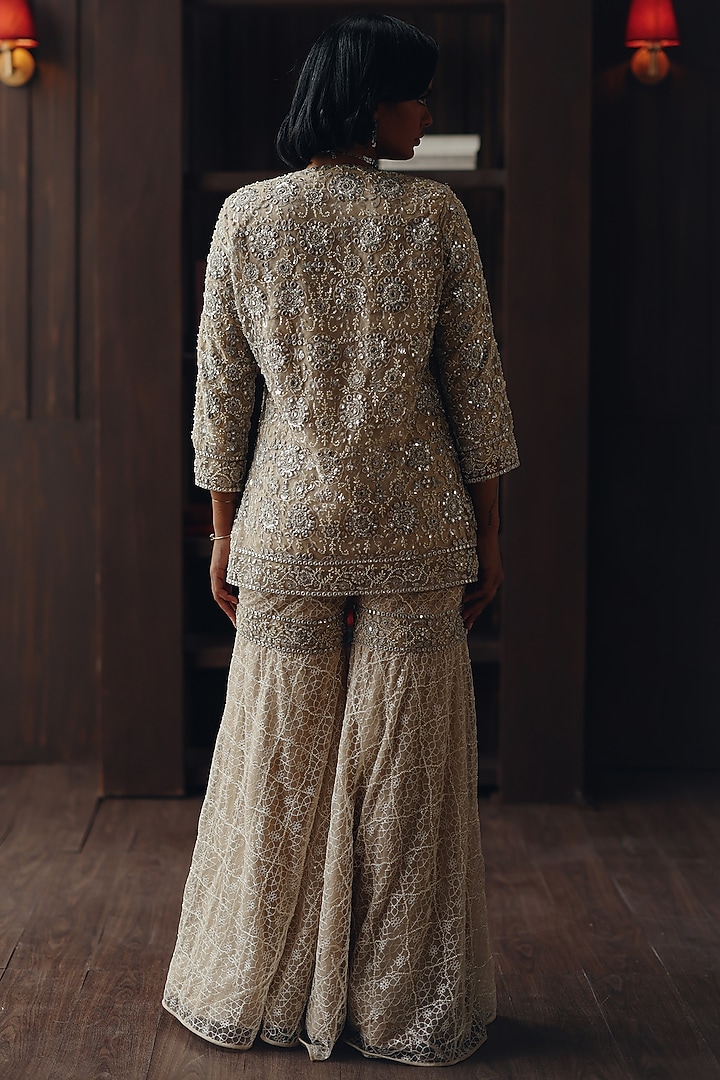 Beige Tulle Mirror Work Jacket by Twenty Nine at Pernia's Pop Up Shop