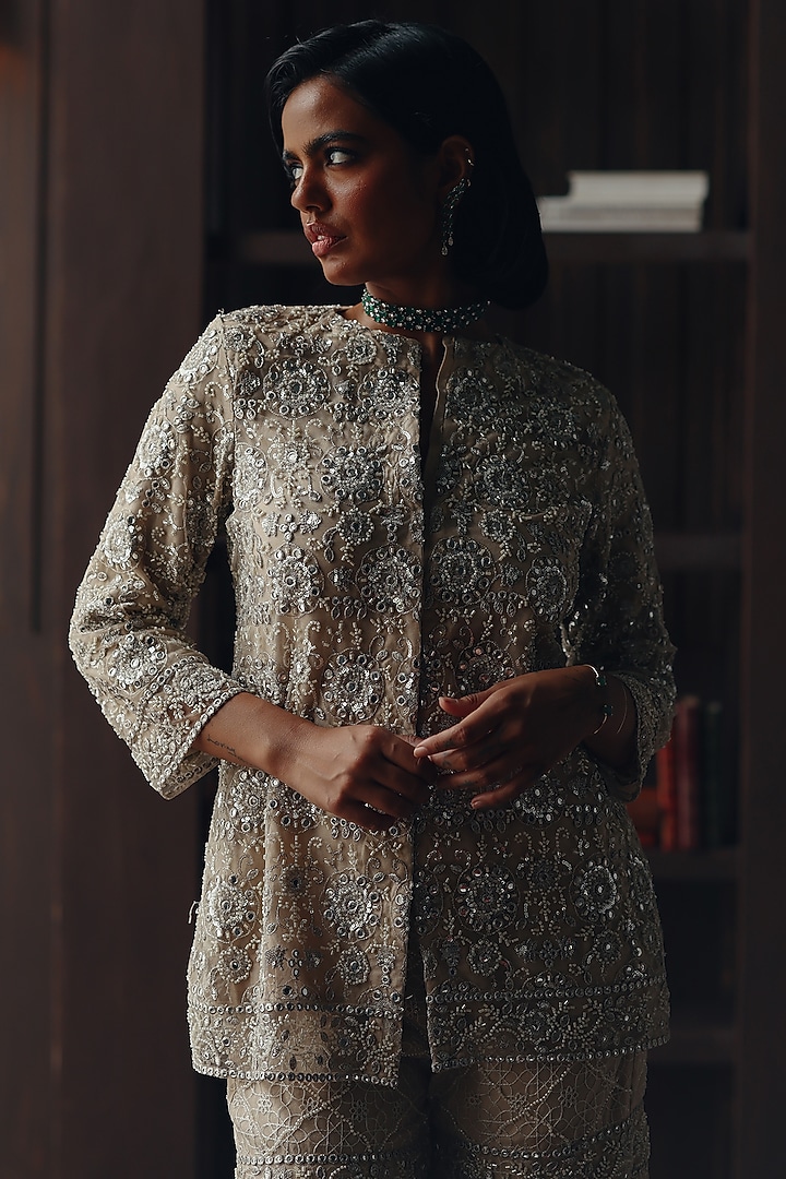 Beige Tulle Mirror Work Jacket by Twenty Nine at Pernia's Pop Up Shop