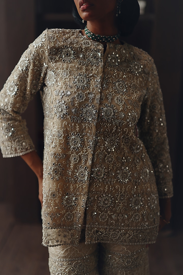 Beige Tulle Mirror Work Jacket by Twenty Nine at Pernia's Pop Up Shop