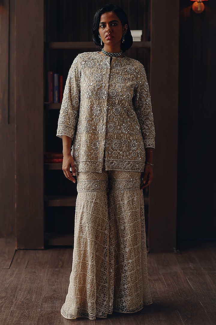 Beige Tulle Mirror Work Sharara by Twenty Nine at Pernia's Pop Up Shop