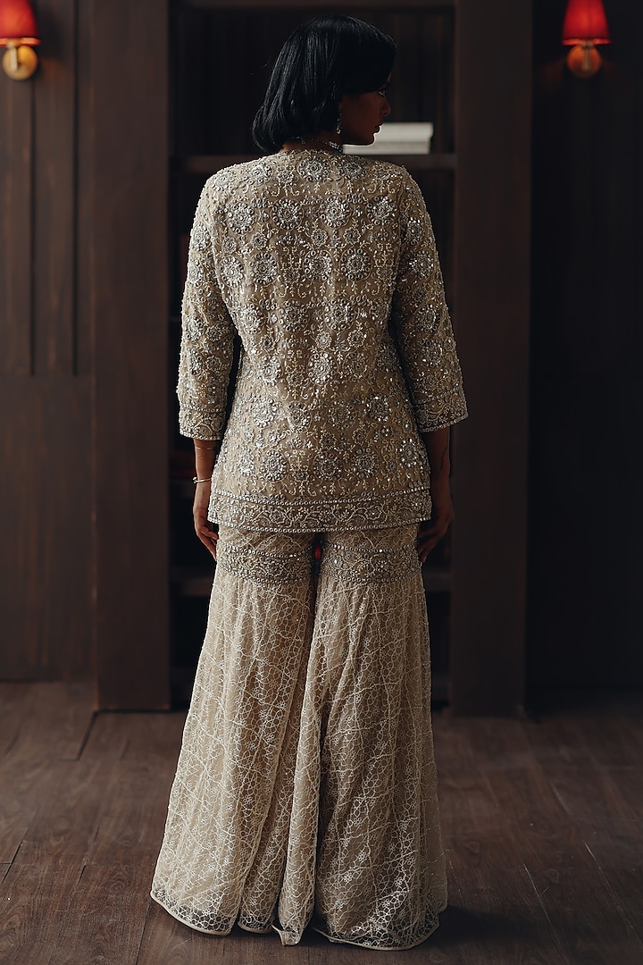 Beige Tulle Mirror Work Sharara by Twenty Nine at Pernia's Pop Up Shop