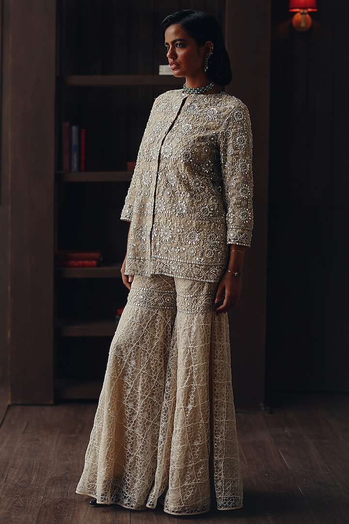 Beige Tulle Mirror Work Sharara by Twenty Nine at Pernia's Pop Up Shop