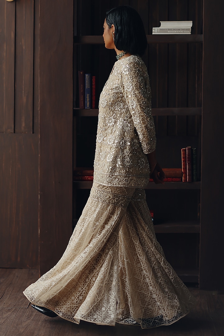 Beige Tulle Mirror Work Sharara by Twenty Nine at Pernia's Pop Up Shop