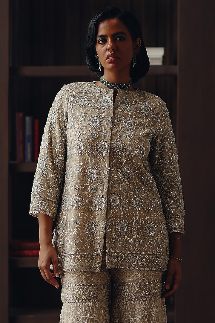 Beige Tulle Mirror Work Sharara by Twenty Nine at Pernia's Pop Up Shop