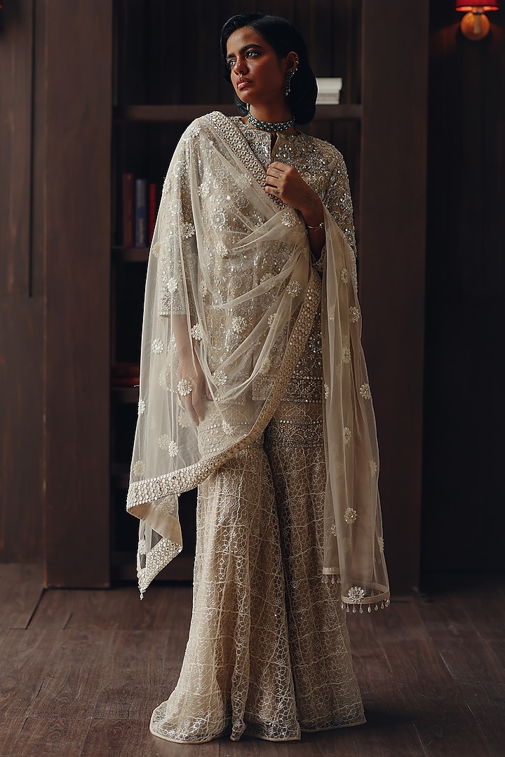 Beige Net Asymmetrical Triangle Dupatta by Twenty Nine at Pernia's Pop Up Shop