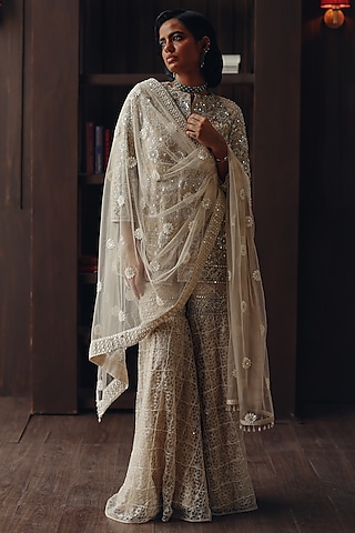Beige Net Asymmetrical Triangle Dupatta by Twenty Nine