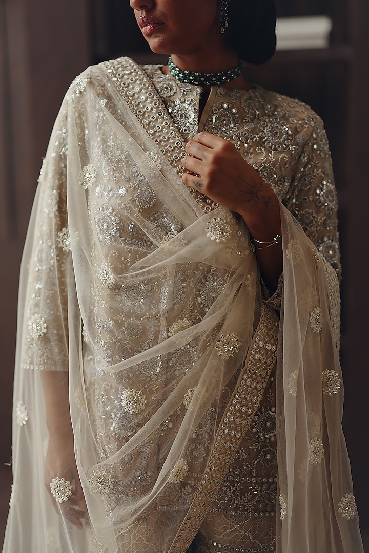 Beige Net Asymmetrical Triangle Dupatta by Twenty Nine at Pernia's Pop Up Shop