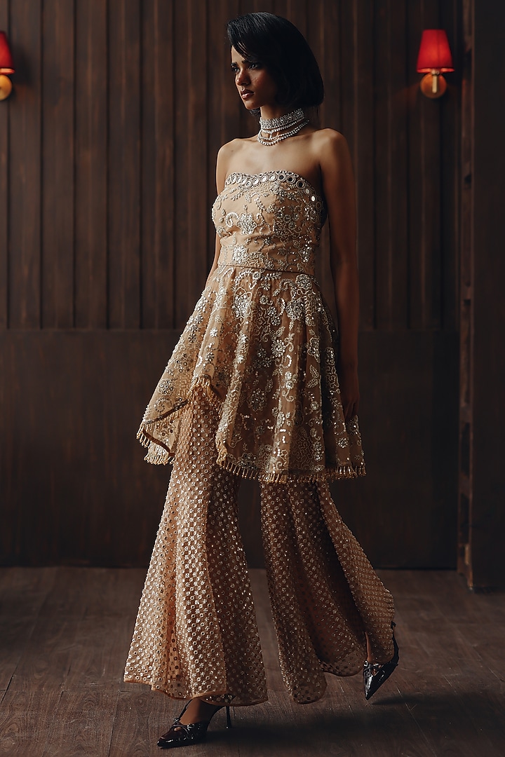 Dull Peach Net Mirror Work Peplum Top by Twenty Nine at Pernia's Pop Up Shop