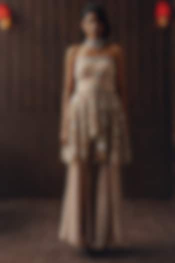 Dull Peach Tulle Mirror & Bead Work Bootcut Pants by Twenty Nine at Pernia's Pop Up Shop