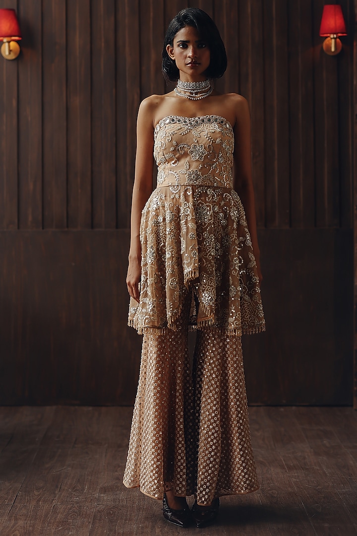 Dull Peach Tulle Mirror & Bead Work Bootcut Pants by Twenty Nine at Pernia's Pop Up Shop