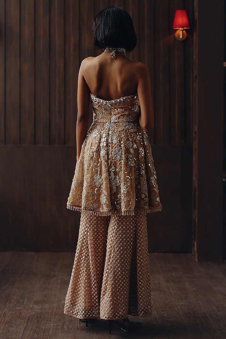 Dull Peach Tulle Mirror & Bead Work Bootcut Pants by Twenty Nine at Pernia's Pop Up Shop