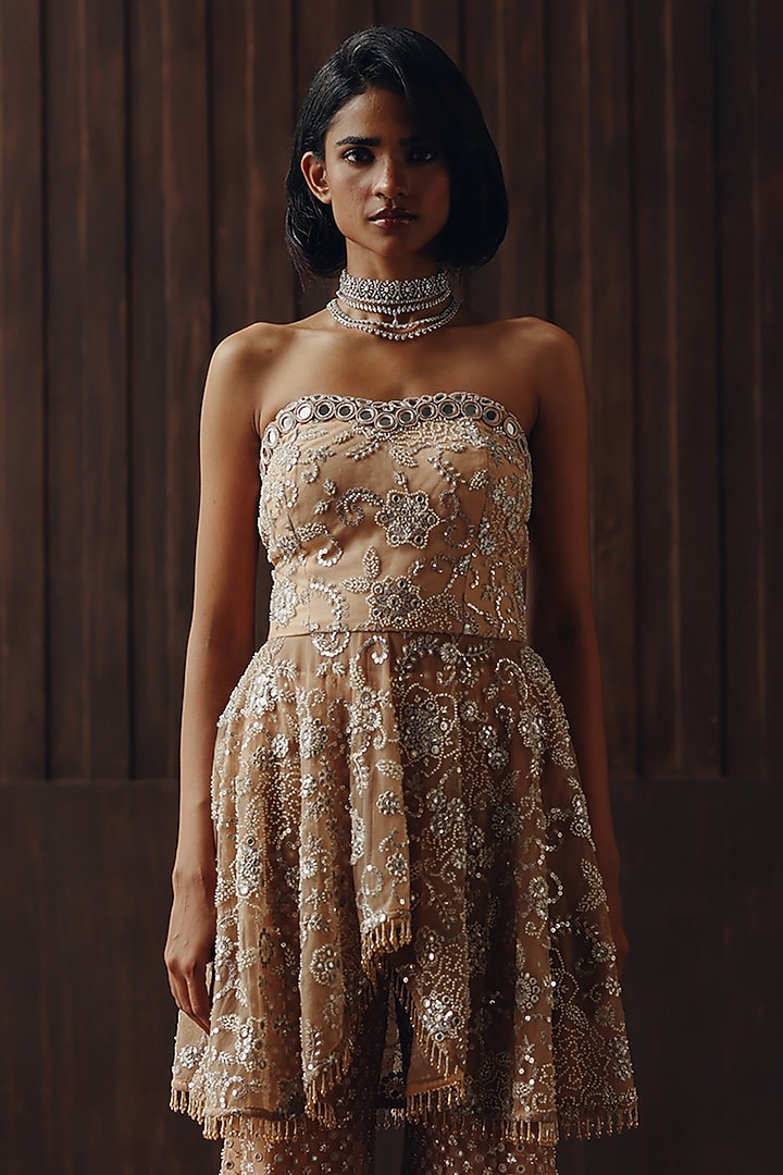 Dull Peach Tulle Mirror & Bead Work Bootcut Pants by Twenty Nine at Pernia's Pop Up Shop