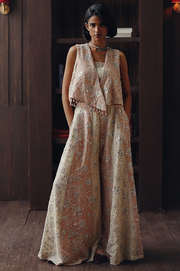 Blush Pink Tissue Mirror & Beadwork Asymmetrical Jacket by Twenty Nine at Pernia's Pop Up Shop