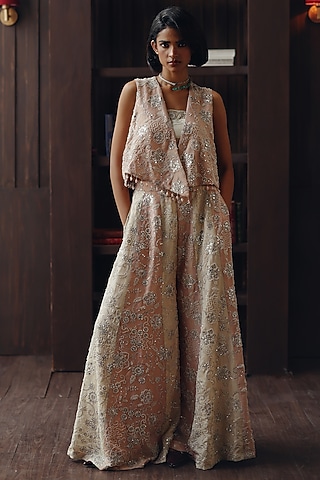 Blush Pink Tissue Mirror & Beadwork Asymmetrical Jacket by Twenty Nine