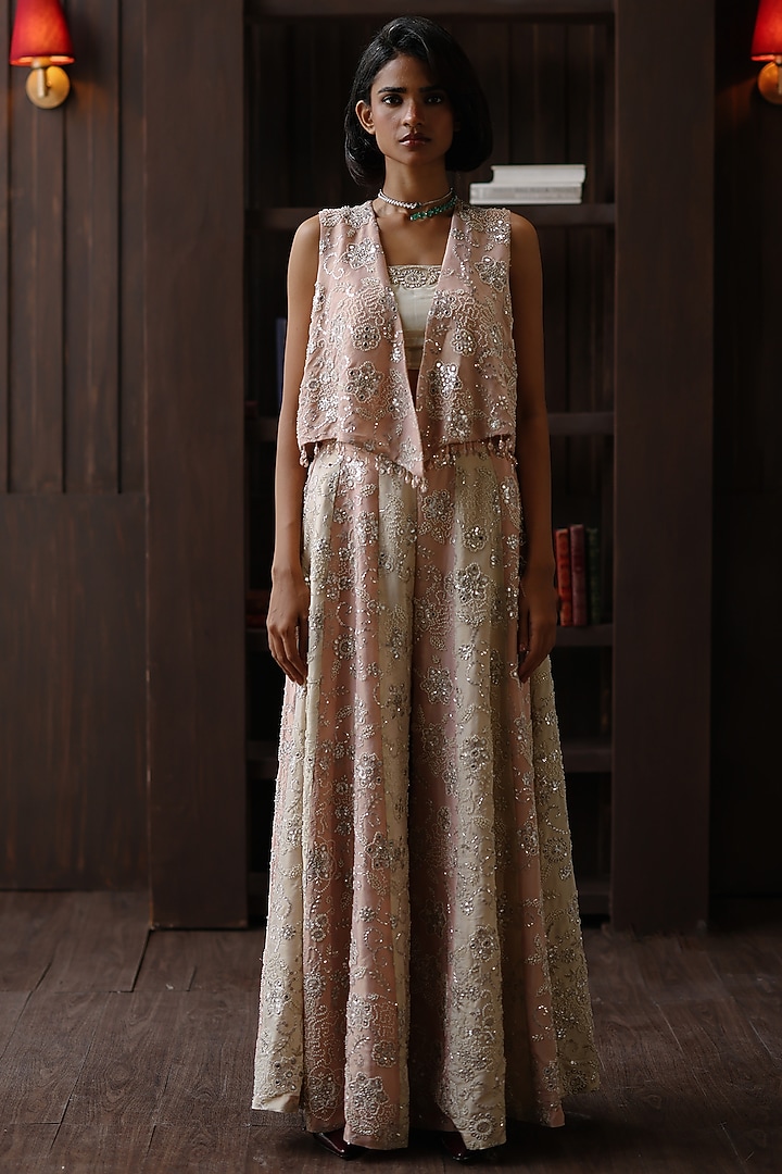 Blush Pink Tissue Mirror & Beadwork Asymmetrical Jacket by Twenty Nine at Pernia's Pop Up Shop