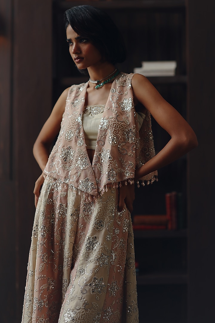 Blush Pink Tissue Mirror & Beadwork Asymmetrical Jacket by Twenty Nine at Pernia's Pop Up Shop