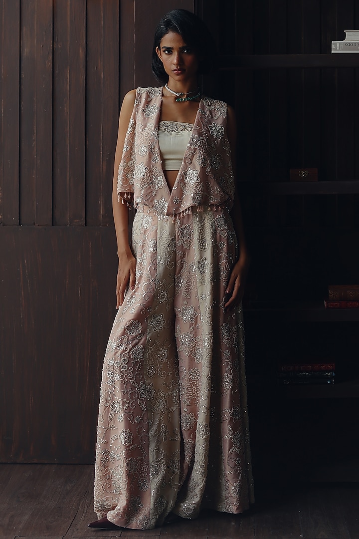 Blush Pink Tissue Mirror & Beadwork Panelled Palazzo by Twenty Nine at Pernia's Pop Up Shop