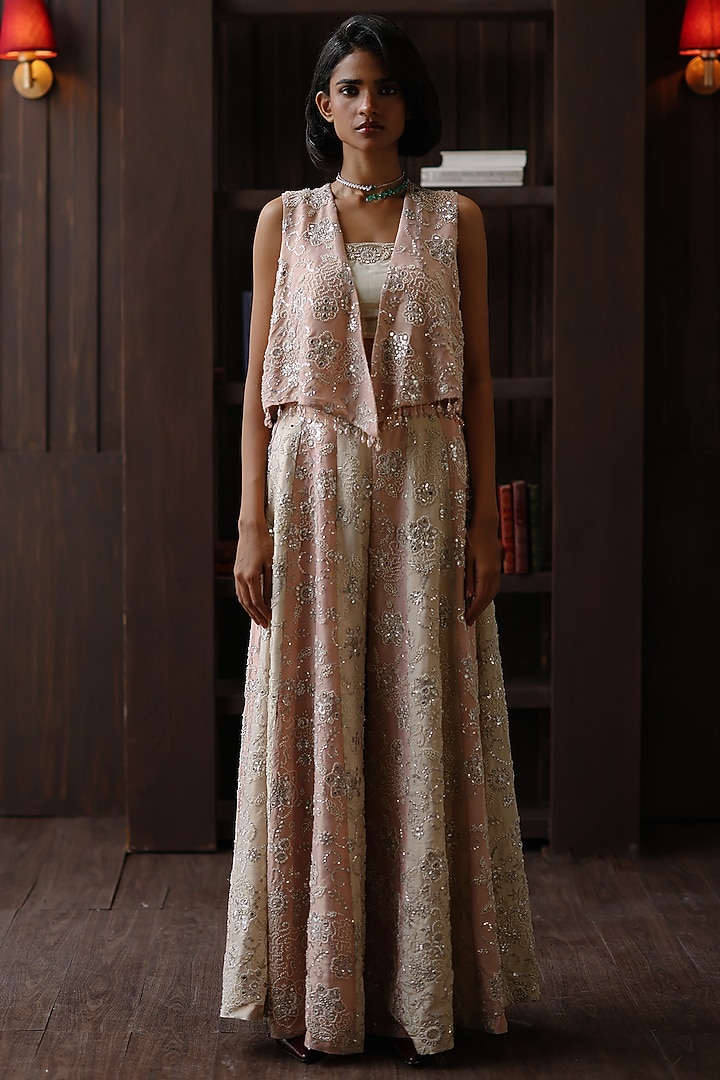 Blush Pink Tissue Mirror & Beadwork Panelled Palazzo by Twenty Nine at Pernia's Pop Up Shop