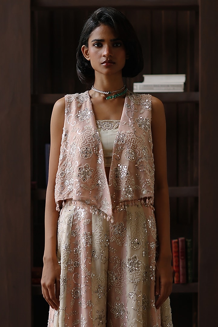 Blush Pink Tissue Mirror & Beadwork Panelled Palazzo by Twenty Nine at Pernia's Pop Up Shop