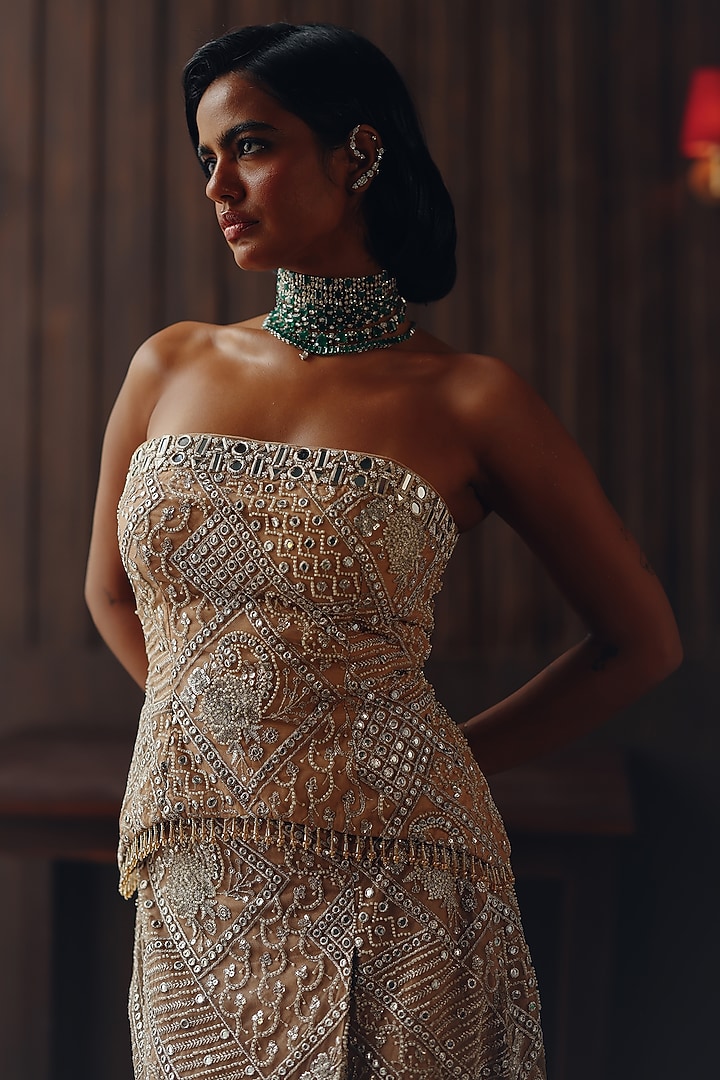 Golden Haze Tulle Mirror Work Off-Shoulder Top by Twenty Nine at Pernia's Pop Up Shop