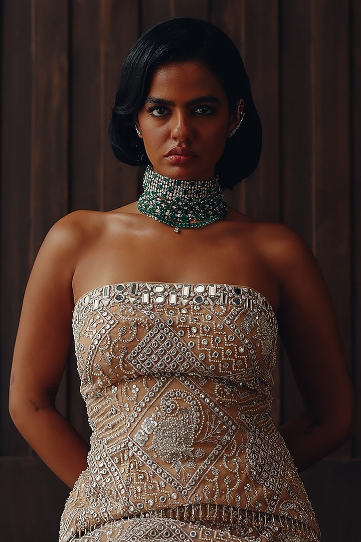 Golden Haze Tulle Mirror Work Off-Shoulder Top by Twenty Nine at Pernia's Pop Up Shop