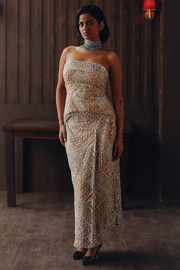 Golden Haze Tulle Mirror Work Box Pleated Skirt by Twenty Nine at Pernia's Pop Up Shop