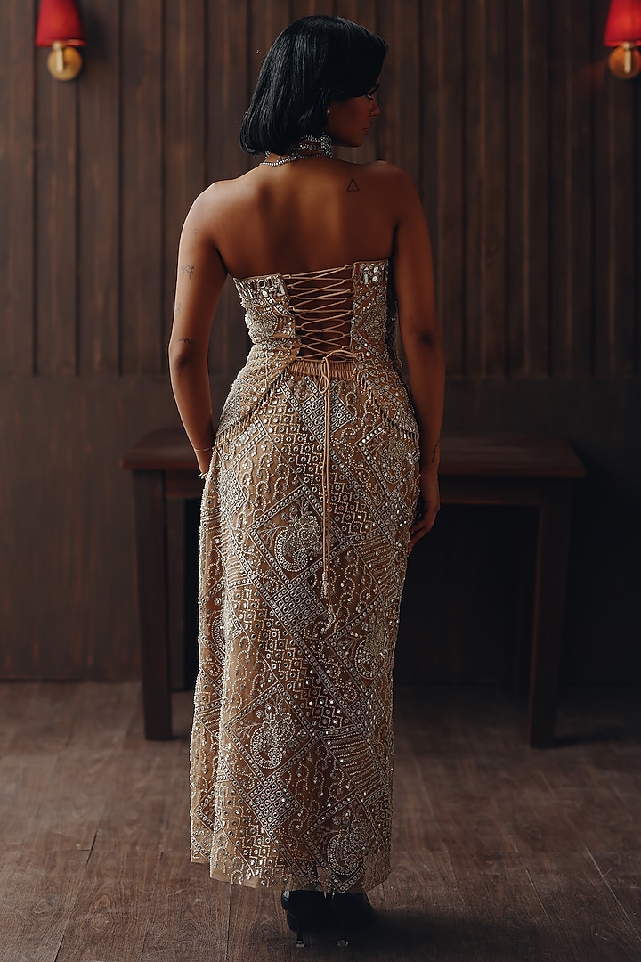Golden Haze Tulle Mirror Work Box Pleated Skirt by Twenty Nine at Pernia's Pop Up Shop