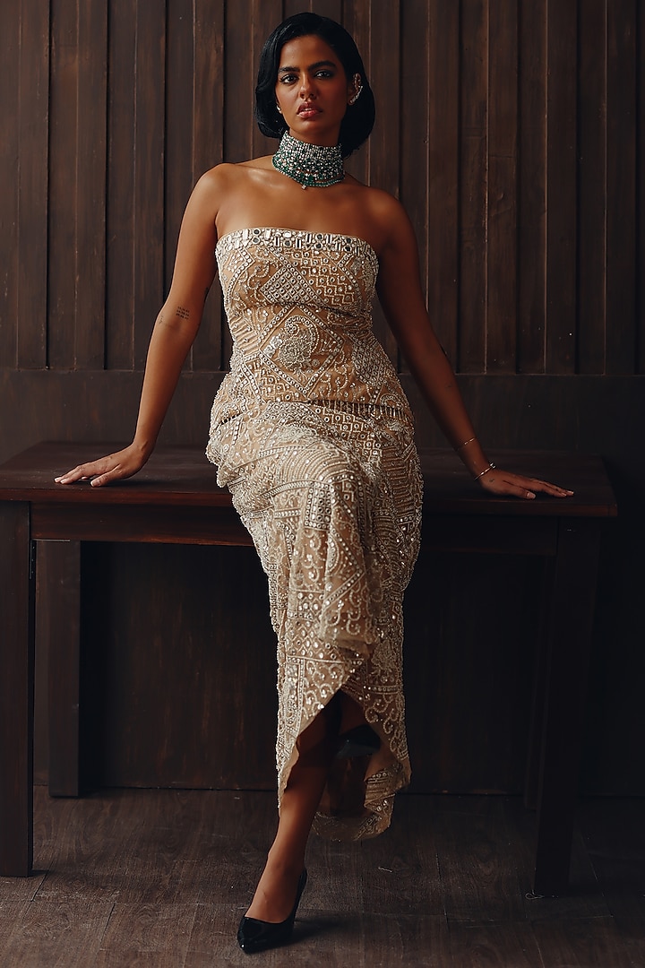 Golden Haze Tulle Mirror Work Box Pleated Skirt by Twenty Nine at Pernia's Pop Up Shop