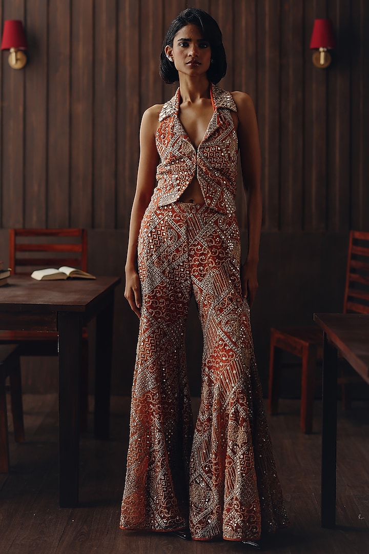 Rust Tulle Mirror Embroidered Waistcoat by Twenty Nine at Pernia's Pop Up Shop